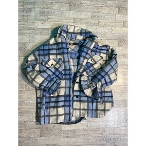 Zara Plaid Overshirt Shacket Jacket Xs Extra Small  Blue White Wool Blend